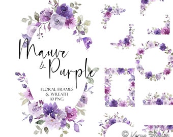 Purple Mauve Watercolor Flowers Clipart Floral Frames Clip Art Lilac Violet Lavender Pastel Spring Summer Wreath Border Leaves Wedding PNG