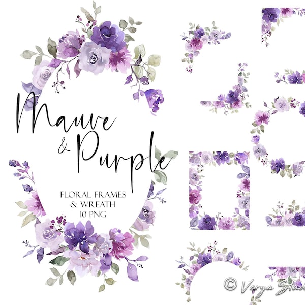 Purple Mauve Watercolor Flowers Clipart Floral Frames Clip Art Lilac Violet Lavender Pastel Spring Summer Wreath Border Leaves Wedding PNG