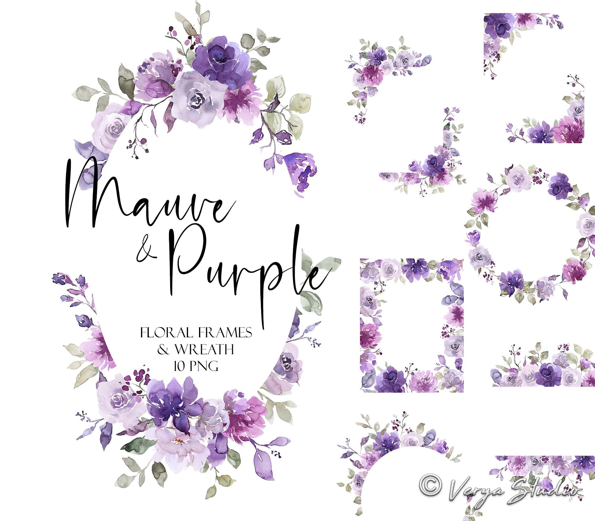 Purple Mauve Watercolor Flowers Clipart Floral Frames Clip Art Lilac Violet Lavender Pastel Spring Summer Wreath Border Leaves Wedding PNG