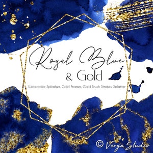 Koningsblauw goud aquarel spatten clipart gouden frames glitter splatter wassingen geometrisch frame abstract bruiloft grafische uitnodiging DIY