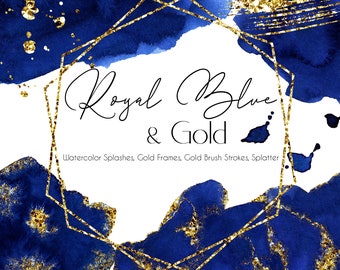 Royal Blue Gold Watercolor Splashes Clipart Golden Frames Glitter Splatter Washes Geometric Frame Abstract Wedding Graphics Invitation DIY