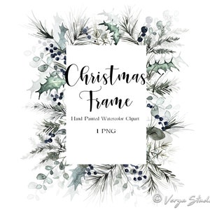 Aquarel Kerst Frame Vakantie Clipart Xmas Fotolijst Groen Bessen Krans Handgeschilderde Winter Clip Art Afdrukbare Sublimatie PNG