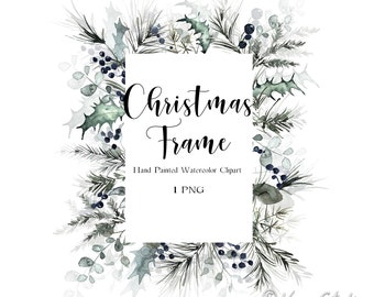 Aquarel Kerst Frame Vakantie Clipart Xmas Fotolijst Groen Bessen Krans Handgeschilderde Winter Clip Art Afdrukbare Sublimatie PNG
