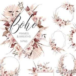 Boho aquarela floral clipart moldura ouro rosa molduras boho grinaldas flores secas pampas folha de palmeira champanhe bege casamento gráficos PNG