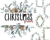 Christmas Greenery Clipart Watercolor Christmas Frames Clipart Wreath Holiday Photo Card Templates Borders Evergreen Pinecones Berries Holly