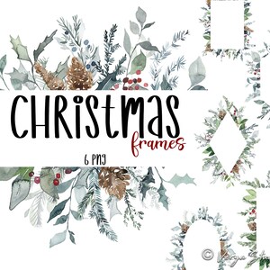 Christmas Greenery Clipart Watercolor Christmas Frames Clipart Wreath Holiday Photo Card Templates Borders Evergreen Pinecones Berries Holly