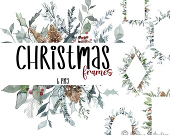 Kerst groen clipart aquarel kerst frames clipart krans vakantie foto kaart sjablonen randen groenblijvende dennenappels bessen Hulst