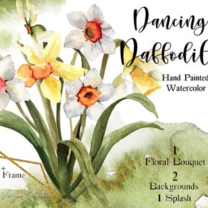 Clipart de buquê de primavera em aquarela Arranjo de narciso Clip Art Páscoa PNG Cartões de felicitações Modelo Fundo verde Splash Moldura dourada com glitter