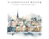 Christmas Clipart Scandinavian Winter City Village Houses Street Clip Art Snowy Cityscape Colorful Digital Paper Xmas Cards Template PNG JPG