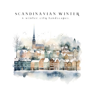 Clipart di Natale Scandinavo Inverno Città Villaggio Case Strada Clip Art Paesaggio urbano innevato Carta digitale colorata Modello di biglietti di Natale PNG JPG