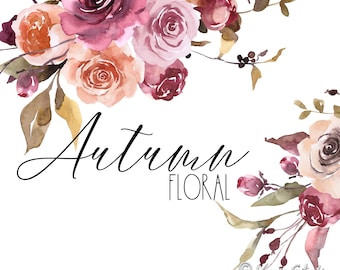 Fall Floral Clipart Watercolor Autumn Clip Art Fall Leaves Flowers Bouquet Berries Harvest Thanksgiving Wedding Graphics Burgundy Maroon PNG