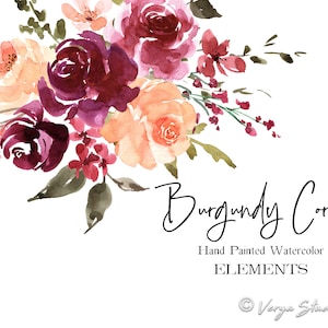 Corallo Borgogna Acquerello Fiori Clipart Floreale Clipart Matrimonio Clip Art Rustico Rosso Arancione Pesca Foglie Grafica PNG Merlot Boho Vino