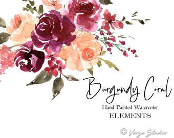 Aquarelle fleurs corail bordeaux Clipart Floral Clipart mariage Clip Art rustique rouge Orange pêche feuilles graphiques PNG Merlot vin Boho