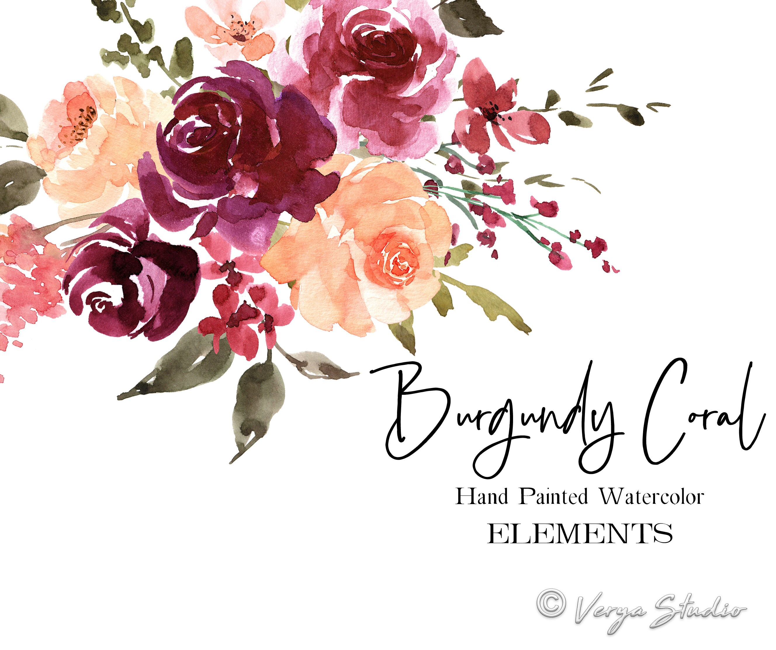 Coral Burgundy Watercolor Flowers Clipart Floral Clipart - Etsy