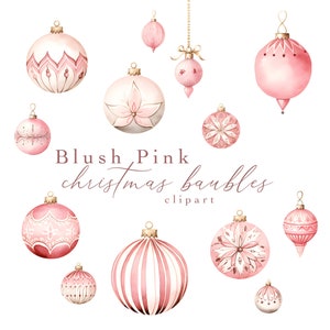 Blush Pink Christbaumkugeln Clipart Aquarell Weihnachtskugeln PNG Pastell Dusty Rose Weihnachtsschmuck Clip Art Weihnachtskarten DIY 16 PNG