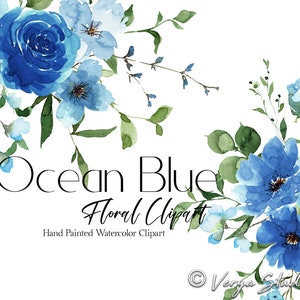 Clipart di fiori ad acquerello floreali blu, foglie verdi, bouquet di fiori, azzurro polvere, blu brillante, primavera estate, clipart, grafica per matrimoni