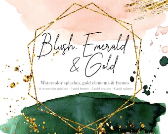Emerald Blush Watercolor Splashes Clipart Pink Green Washes Gold Splatter Gold Geometric Frame Gold Brush Strokes Wedding Clipart PNG