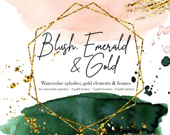 Emerald Blush Watercolor Splashes Clipart Pink Green Washes Gold Splatter Gold Geometric Frame Gold Brush Strokes Wedding Clipart PNG