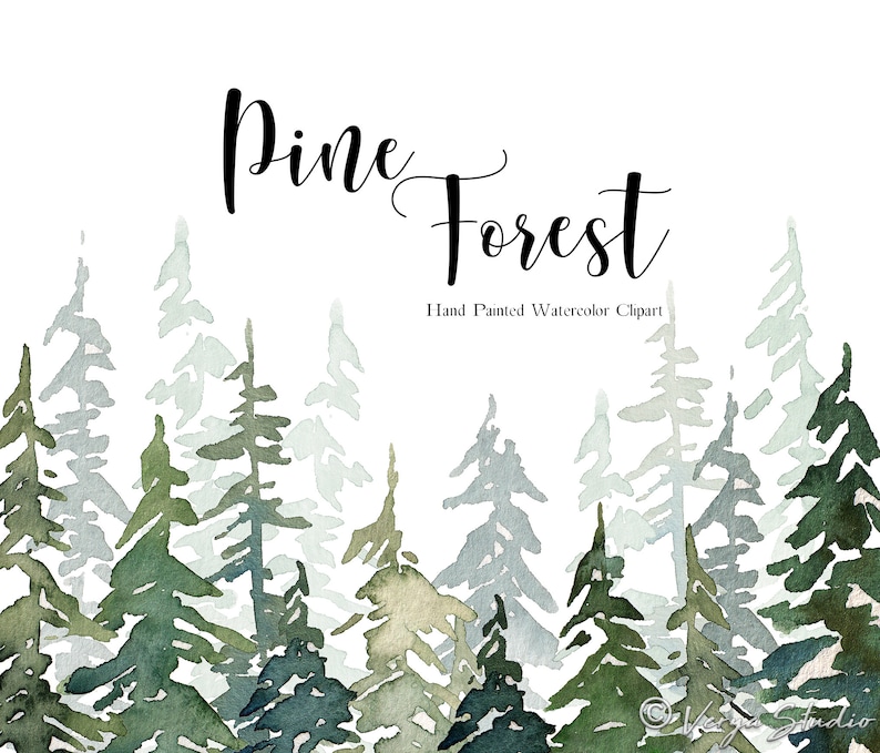 May include: Watercolor painting of a pine forest with green and blue hues. The text "Pine Forest" is written in cursive above the trees. The text "Hand Painted Watercolor Clipart" is written below the trees.