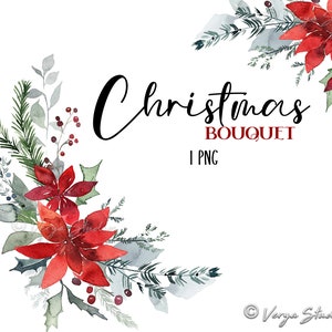 Bouquet de cliparts de Noël aquarelle bouquet de Noël 1 PNG Clip Art baies poinsettia sapin branches à feuilles persistantes hiver verdure arrangement