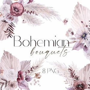 Clipart floral bohème, aquarelle de fleurs séchées, feuille de palmier, herbe de la pampa, marron beige, bouquets bohèmes, clipart fleurs d'automne, mariage PNG