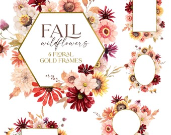 Burgundy Gold Floral Frames Clipart, Watercolor Fall Flowers Wreaths, Beige Orange Autumn Borders Fall Colors Leaves Geometric Frames PNG