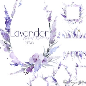Marcos de lavanda, acuarela, imágenes prediseñadas florales, botánicas, púrpura, violeta, lila, flores, bordes, marco, imágenes prediseñadas de primavera y verano, gráficos de boda DIY PNG