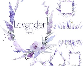 May include: Nine watercolor floral frames featuring lavender flowers and greenery. The frames are in various shapes and sizes, including circles, squares, and rectangles. The frames are perfect for adding a touch of elegance to your designs.