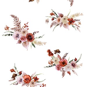 May include: Eight watercolor bouquets with a mix of red, pink, and cream flowers, leaves, and greenery. The bouquets are arranged in a horizontal row, with each bouquet slightly overlapping the next.