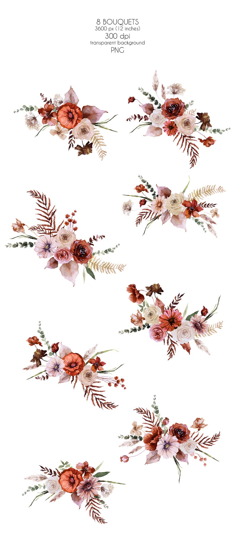 May include: Eight watercolor bouquets with a mix of red, pink, and cream flowers, leaves, and greenery. The bouquets are arranged in a horizontal row, with each bouquet slightly overlapping the next.