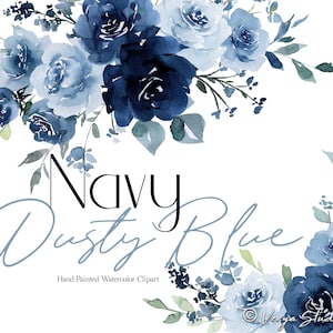Navy Dusty Blue Aquarell Blumen Clipart Floral Clip Art Hochzeitsgrafik Dark Light Pastel Roses Greenery Botanische Blumensträuße Elemente PNG
