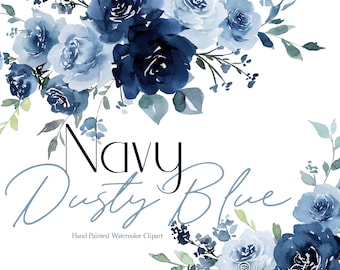 Navy Dusty Blue Watercolor Flowers Clipart Floral Clip Art Wedding Graphics Dark Light Pastel Roses Greenery Botanical Bouquets Elements PNG