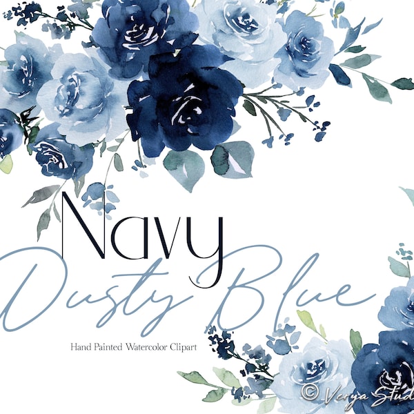 Navy Dusty Blue Watercolor Flowers Clipart Floral Clip Art Wedding Graphics Dark Light Pastel Roses Greenery Botanical Bouquets Elements PNG