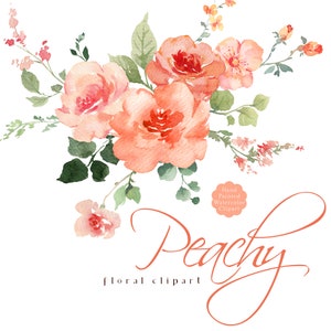 Clipart floral pêche aquarelle fleurs orange pêche Clip Art bouquets de corail bordures Arrangements mariage printemps été fleurs sauvages PNG