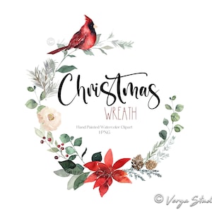 Aquarell Weihnachtskranz Clipart Roter Kardinal Blumen-Weihnachtsstern Blumenkranz Weihnachten Clip Art Greenery Holly Pine Cones Weihnachtskarten PNG
