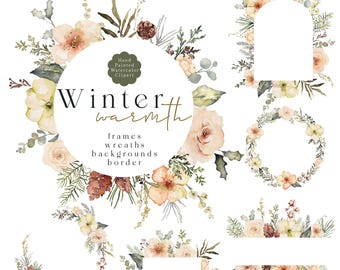 Winter Floral Clipart, Warm Beige Christmas Floral PNG, Watercolor Greenery, Eucalyptus, Pine, Berries,  Flowers Frames, Seamless Pattern