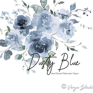 Aquarelle bleu poussiéreux fleurs Clipart floral Clip Art fleurs bleues antiques bouquets de verdure feuilles bleu clair mariage graphiques peints à la main