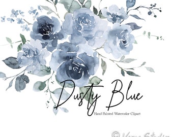 Dusty Blue Watercolor Floral Clipart Flowers Clip Art Antique Blue Flowers Greenery Bouquets Light Blue Leaves Wedding Graphics Hand Painted