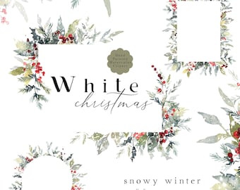 May include: Eight watercolor frames featuring winter greenery, red berries, and a snowy background. The frames are perfect for adding a touch of winter magic to your projects. "White Christmas" and "Snowy Winter 8 Frames PNG" are written in the image.