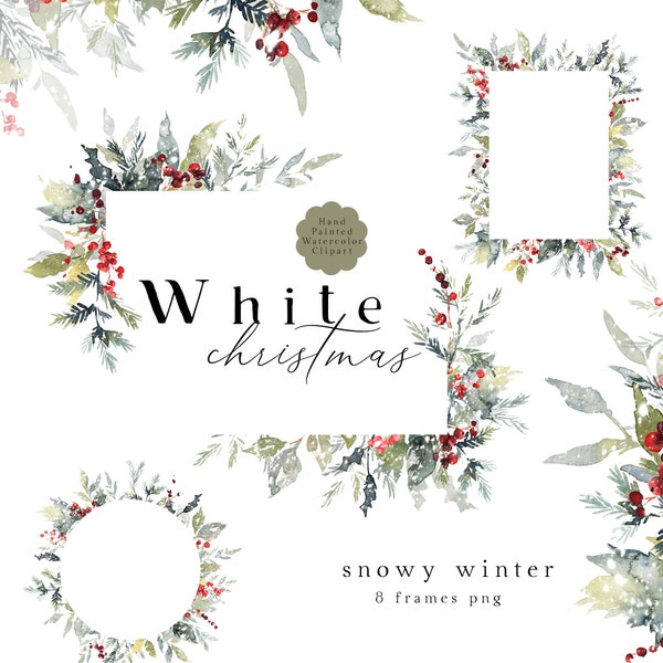 Snowy Winter Christmas Frames Clipart, Watercolor Greenery Berries Frames, Elegant Foliage Holly Leaves, Christmas Borders & Wreaths 8 PNG