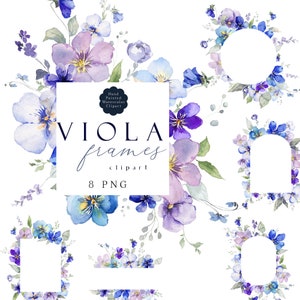 Clipart floral azul violeta, clip art de flores de acuarela, 8 marcos de viola PNG, coronas de primavera, malva, lila, azul marino polvoriento, pensamientos, violetas