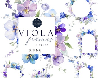 Clipart floral bleu violet, clipart fleurs aquarelle, 8 cadres alto PNG, couronnes de printemps, mauve lilas bleu marine, pensées, violettes