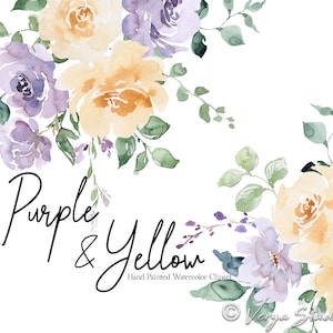 Roxo Amarelo Aquarela Flores Clipart Floral Clip Art Lilás Bege Florais Primavera ClipArt Verão Verde Casamento Gráficos Buquê PNG