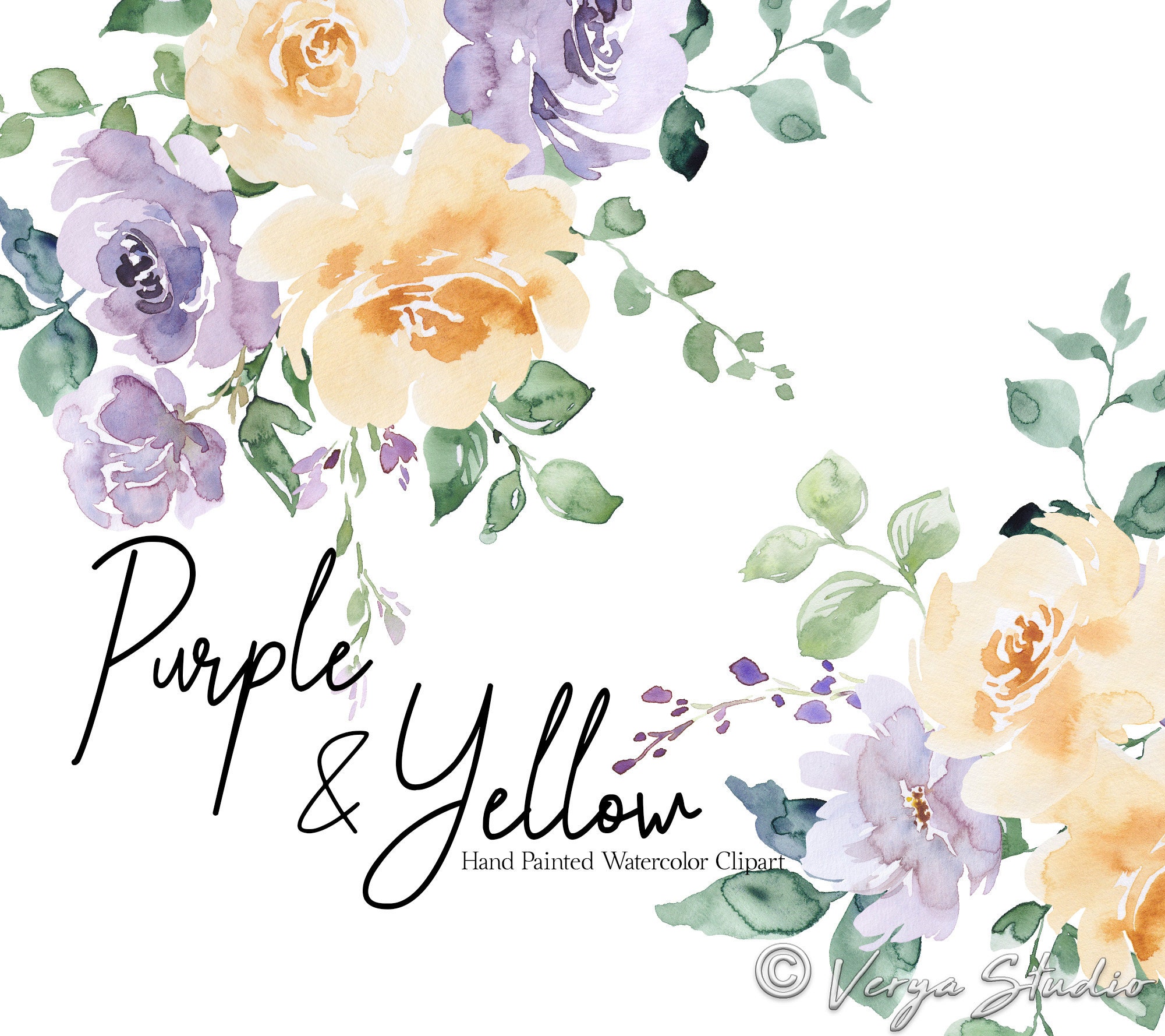 Purple Yellow Watercolor Flowers Clipart Floral Clip Art Lilac - Etsy