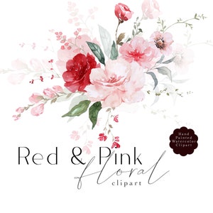 Clipart floral rose rouge, aquarelle fleurs printanières Clip Art, bouquet de roses poudrées Blush PNG, graphiques de fleurs de mariage, roses rouges PNG