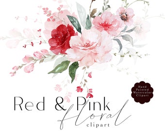 Red Pink Floral Clipart, Watercolor Spring Flowers Clip Art, Blush Dusty Rose Bouquet PNG, Wedding Flowers Graphics, Red Roses PNG