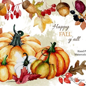 Fall Pumpkins Acorns Leaves & Berries Watercolor Clipart Set, Autumn Graphics, DIY, PNG, Halloween, Hand painted, Vintage Retro Pumpkins