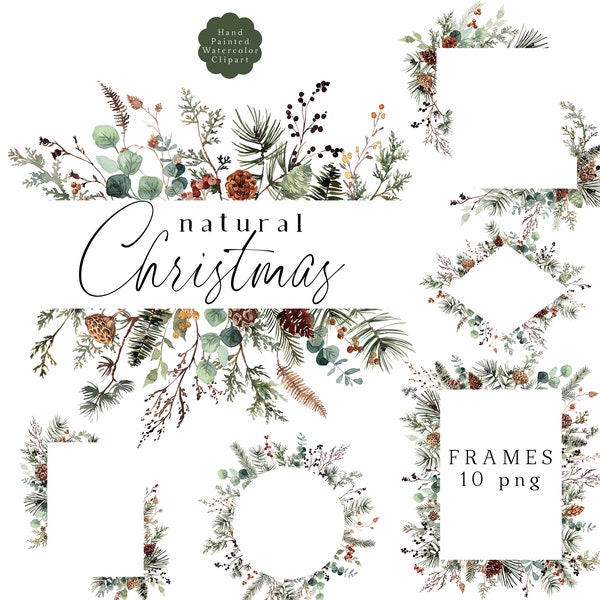 Natural Christmas Clipart Frames, Christmas Watercolor Clipart, Winter Greenery Borders PNG, Pineneedle Cedar Lotus Pod, Christmas Botanical