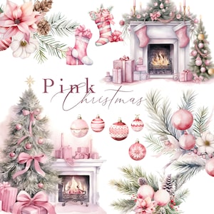 Rosa Navidad Clipart Acogedor Navidad acuarela Clip Art Chimenea Adornos Árbol de Navidad DIY Tarjetas navideñas Clipart Set Rosa Invierno Clipart PNG