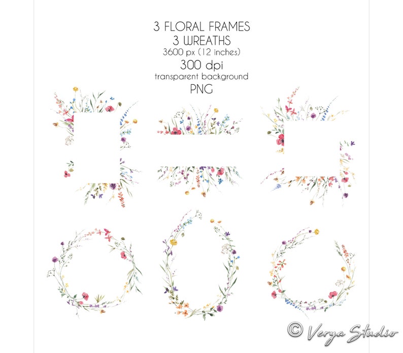 Wild Flowers Watercolor Clipart Wildflowers Frames Wreaths Bouquets Borders Clip Art Botanical Floral Frame Wedding Graphics Summer Blooms image 3